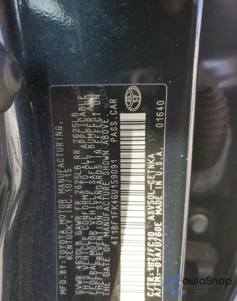 2016 Toyota Camry Le из США, поврежденный, VIN 4T1BF1FK4GU159091